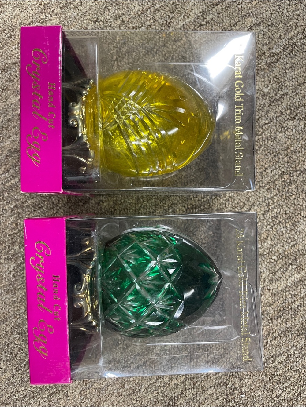 Hand Cut Crystal Egg Pair - Yellow & Green